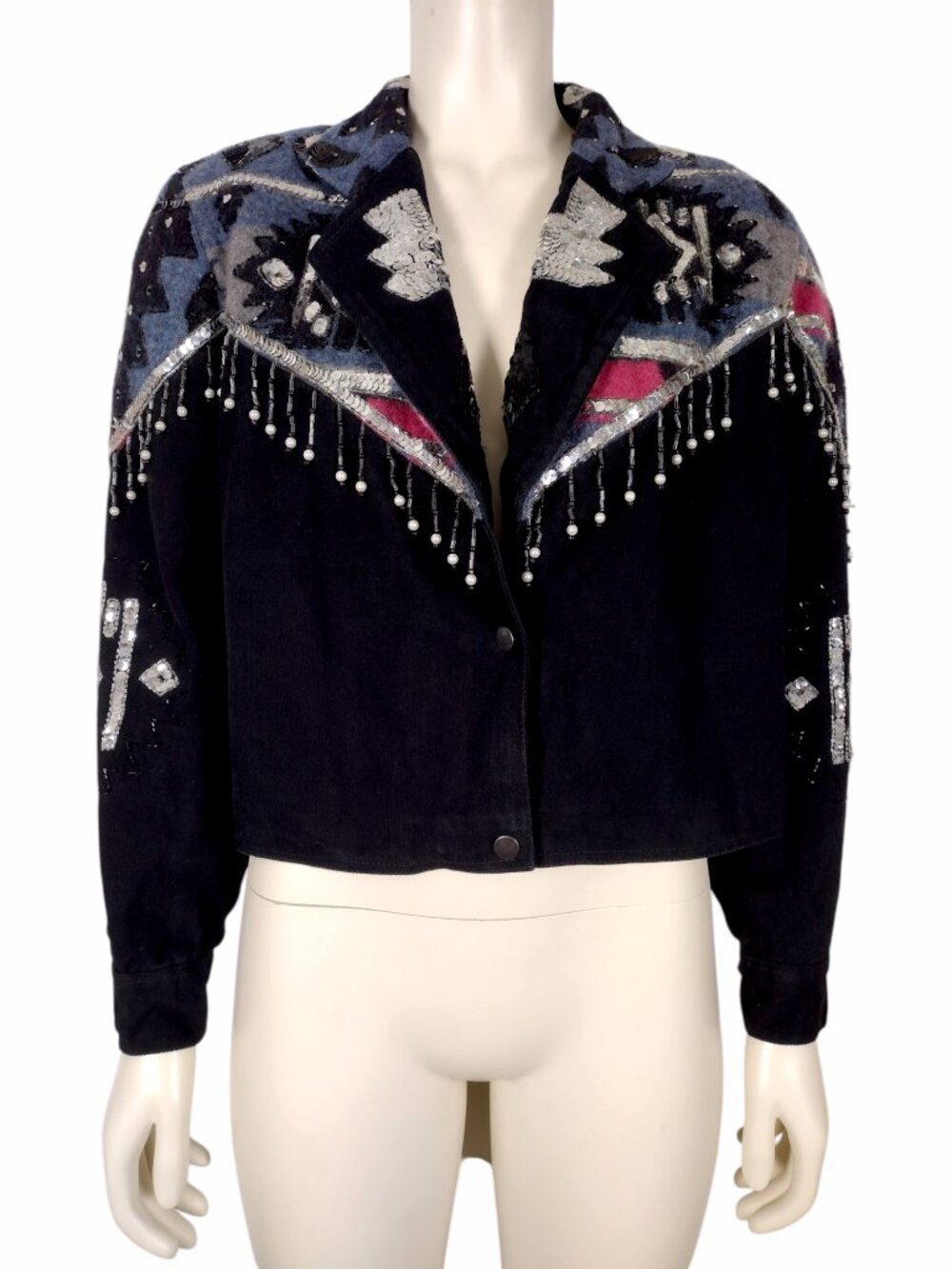 Vintage 1990s Modi Denim Black Southwestern Beaded Cropped Button Down Jacket